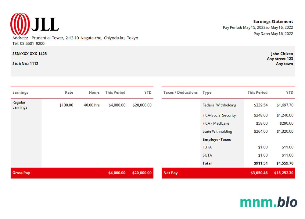 USA jll real estate company pay stub Word